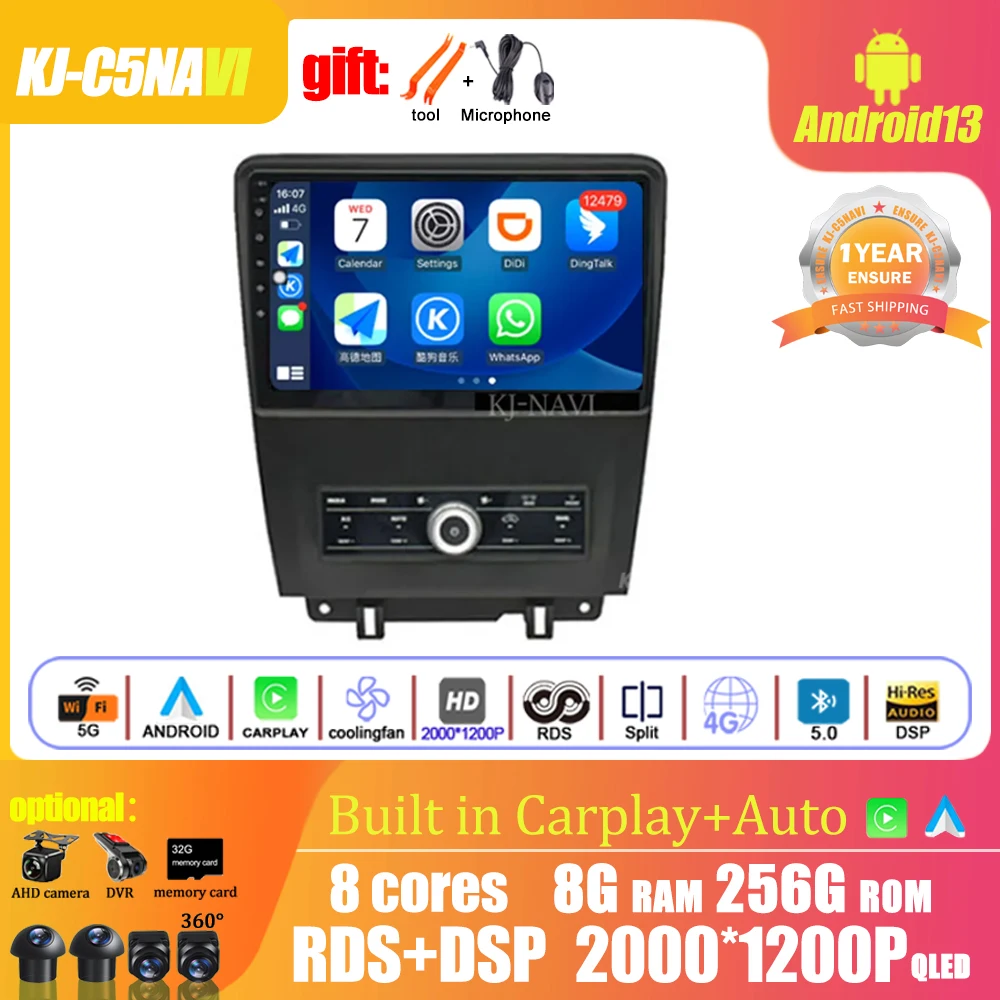 Android 13 A Ford Mustang 2009 - 2014 sztereó multimédia lejátszó autórádió GPS navigáció BT WiFi Bluetooth 360 kamera Carplay
