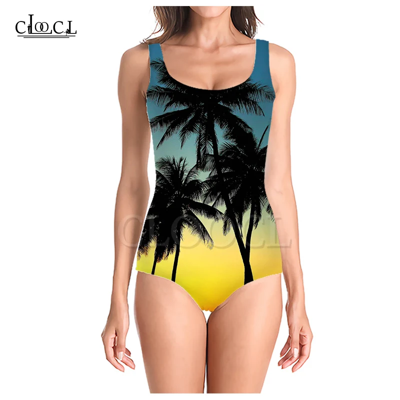 CLOOCL Sandy Beach Women Plant Palm Tree 3D Print Ujjatlan szexi One Piece fürdőruha Nyári lányok Női strandfürdőruhák