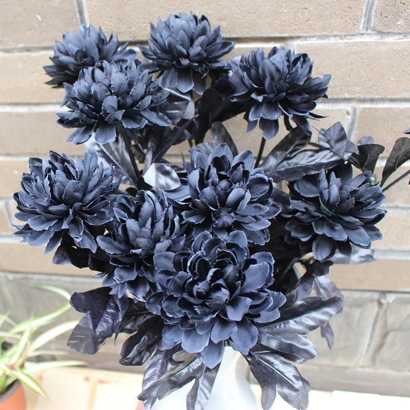 szimulált dália művirág egyágú otthoni esküvői dekoráció fekete egyágú Halloween dekoráció hamis virágok
