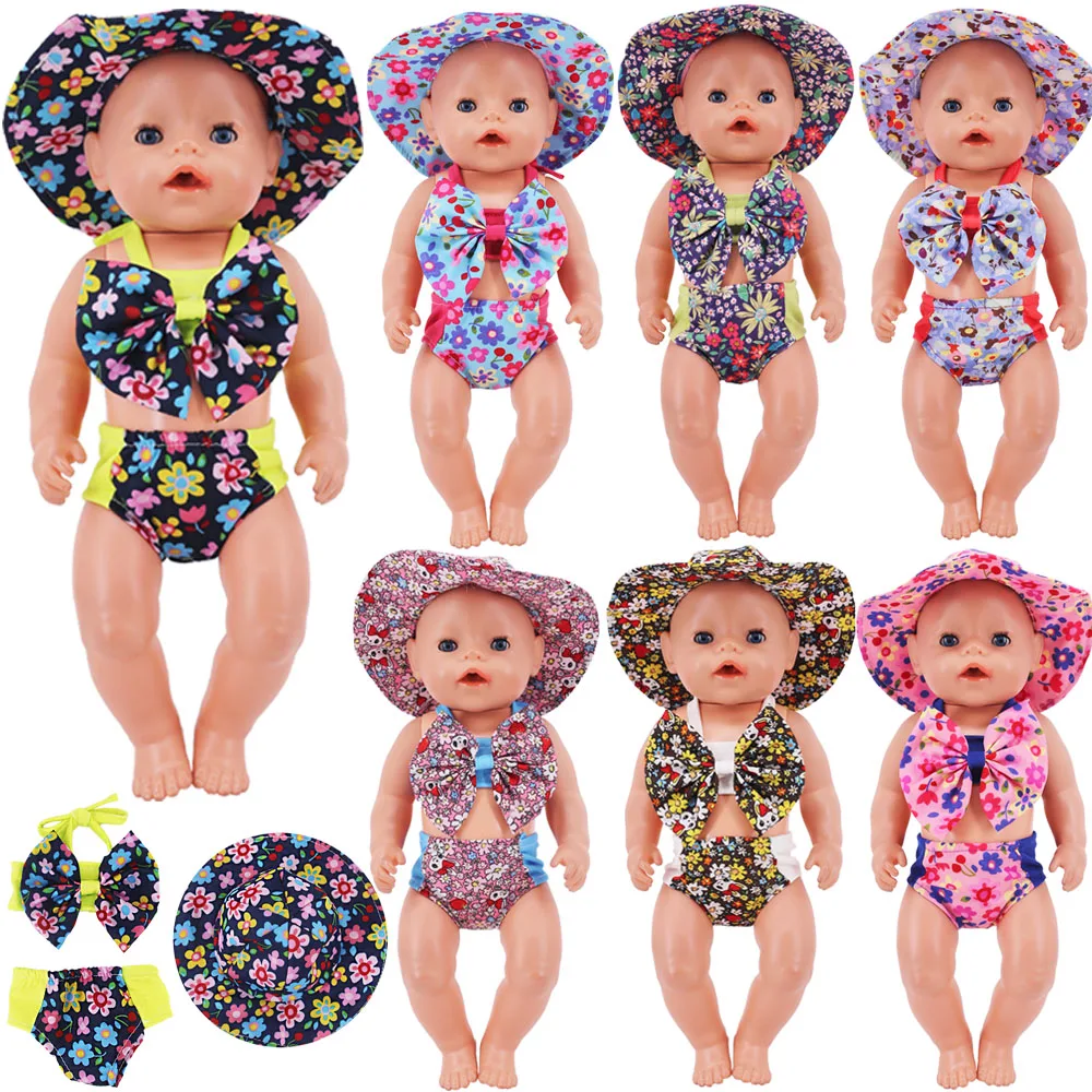 Babaruhák Bow Print fürdőruha+kalap illeszkedés 18 hüvelykes amerikai baba&43 cm-es újjászületett baba baba kiegészítők, generációs játékunk, lány ajándék