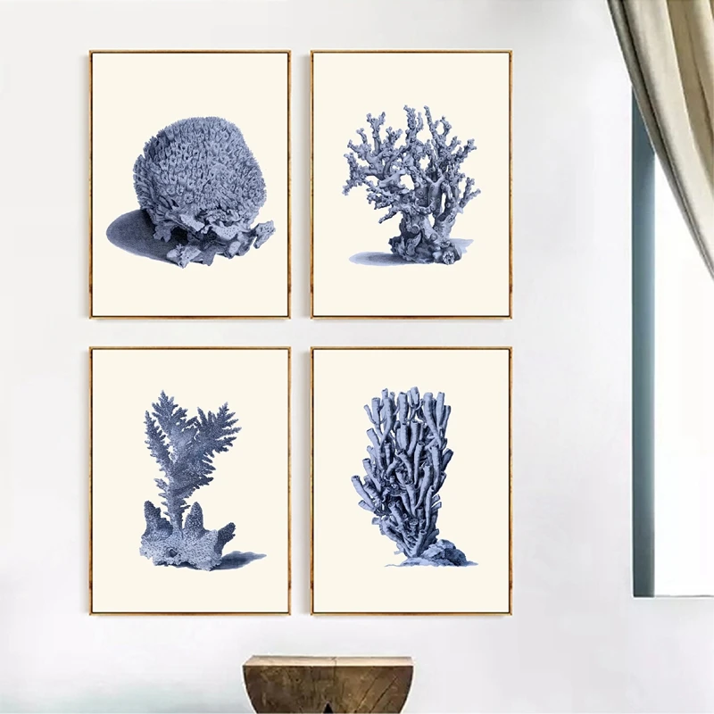 Sötétkék korallnövény plakátok és nyomatok Vintage tengeri tengeri élet falfestmény Vászon festés fürdőszobához Modern lakberendezés