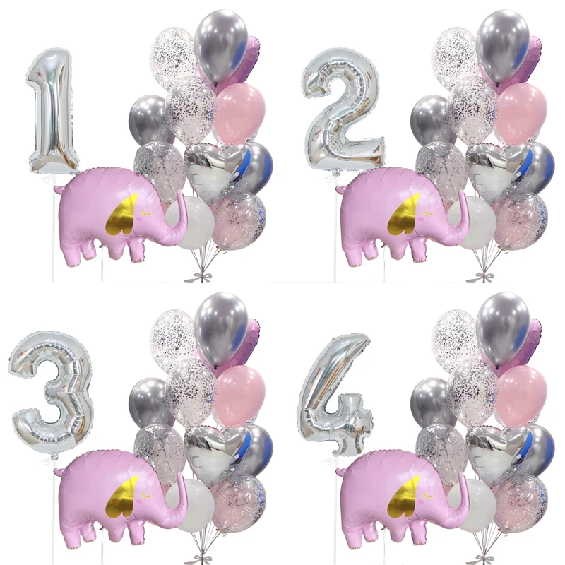 16Pcs rózsaszín elefánt Digitális hélium léggömbök Ezüst szív Konfetti Ballon lányok Gyerekek születésnapi zsúr dekoráció Babaváró Globos