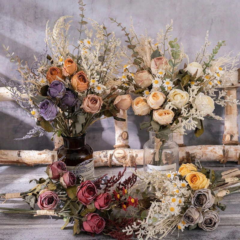 37cm Mesterséges kis csokor selyem rózsa virágok esküvői parti virágkötészet dekoráció hamis virág szülőszoba asztal dekoráció