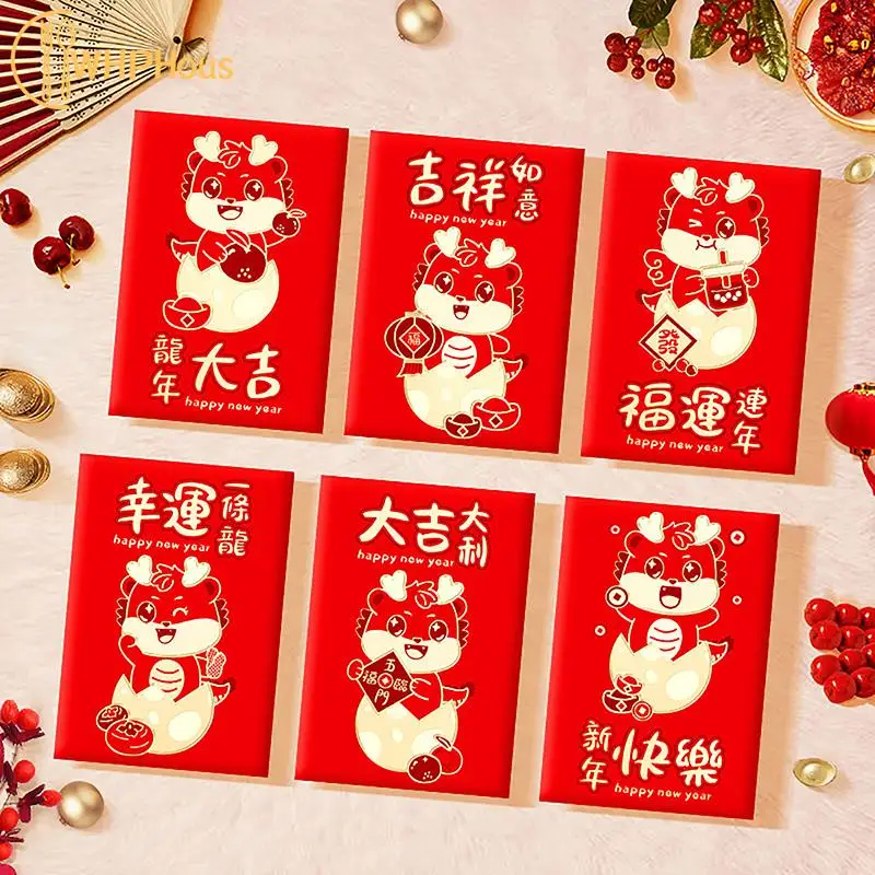 6PCS 2024 Sárkány év Kínai stílusú újévi piros csomag Aranyos sárkány minta pénztárca ajándék szerencse Pénztáska borítékok dekoráció