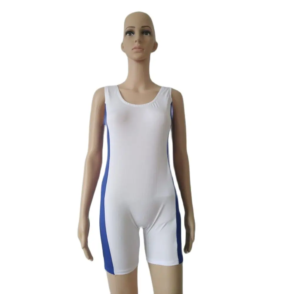 Sportruházat kék-fehér kombinált jelmez Jumpsuit Wear ujjatlan rövid Unitard Spandex edzés edzőtermi viselet
