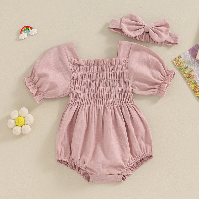 Csecsemő kislány nyári romper rövid ujjú bodys jumpsuit masni fejpánttal Aranyos újszülött ruhák