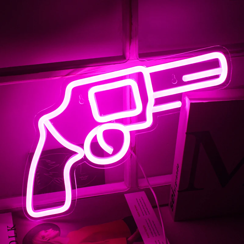 ineonlife Neon jel fények Rózsaszín pisztoly alakú fal függő Art Neon éjszakai lámpák hálószobához Játékterem dekoráció USB boszorkány kapcsoló