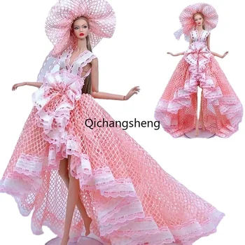 1/6 Rózsaszín fishtail hercegnő ruhák Barbie baba ruhákhoz Ruhák Barbie ruhához Esküvői ruha Kalap ruhák 11.5