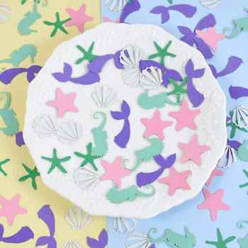 100Pcs sellő Konfetti a tenger alatt Tengeri csillag kagyló Csikóhal dobálás Papírhulladék Kellékek sellő születésnapi zsúr dekoráció