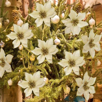 10DBS 13cm Karácsonyi művirág díszek Csillogó szövet virágok Karácsonyfa koszorúk Füzér dekoráció otthoni esküvőre