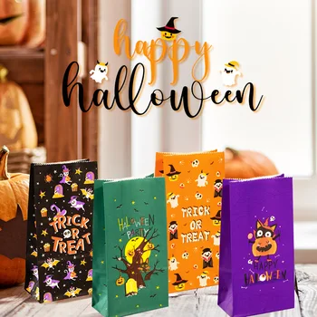 12db Halloween Party ajándékcsomagolás Kraft papírzacskók címkékkel Trükk vagy kezelés szívességek Candy táskák Lila narancssárga süti táskák
