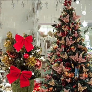 12db/set karácsonyfa felső dekorációk 3D pillangó matricák Piros szövet íjak karácsonyi születésnapra Kis bowknot ajándékcsomagolás