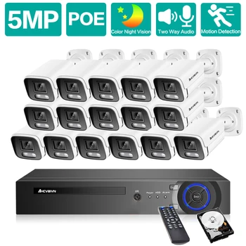 16CH 5MP Ultra HD Audio PoE hálózati videó biztonsági rendszer H.265+ felügyelet 4K NVR HD IP66 színes POE kamerák NVR készlet