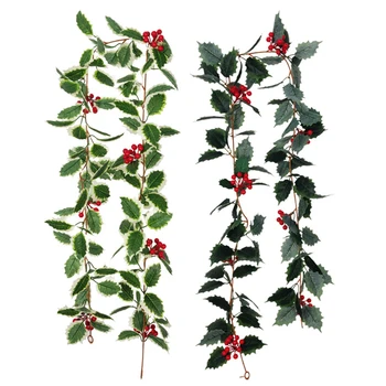 175cm Mesterséges magyal zöld levél piros bogyós karácsonyi füzérek rattan karácsonyfa függő díszek DIY lakberendezés hamis növény