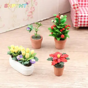 1db miniatűr cserepes növények Tulipán virágcserép Fortune gyümölcs Bonsai modell kert lakberendezés játék 1:6 1:12 Babaház kiegészítők