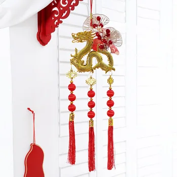 1PC 60CM(H) Kis Fuku ventilátor Levél sárkány Mercerized golyós medál Kezdőlap Kínai újévi dekoráció kabala ajándék