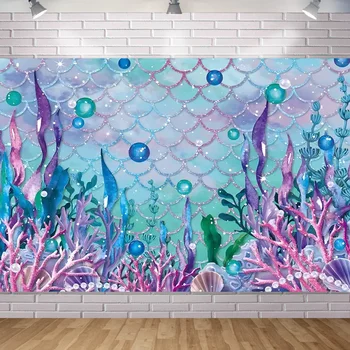 1PC- Víz alatti világ rajzfilm Korall víz fű kagyló háttér Gyermek születésnapi zsúr dekoráció fotó háttér