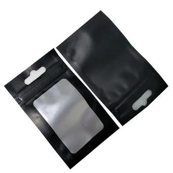200 db / tétel matt fekete alumínium fólia cipzáras csomag tasak akasztóval Tea dió DIY kézműves tárolás Mylar visszazárható csomag táska