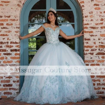 2021 Blue Princess csipke Quinceanera ruha báli ruha rátétekkel vállról édes 16 híresség ruha Vestidos De Quinceañera