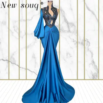 2023 Arab kék sellő báli ruhák szexi magas nyakú egyvállú egyvállú hosszú ujjú estélyi ruha koszorúslány formális ruhák