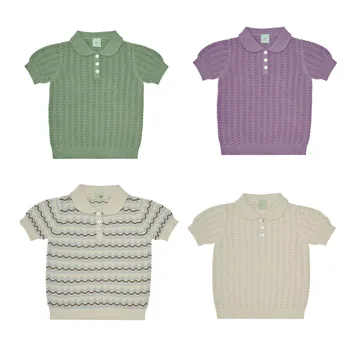 2023 Kislányok fiú ruhák Fu* Márka kötött pólók Pamut kötés Póló felsők Üreges rövid ujjú pólók Tavaszi nyári gyermekruházat