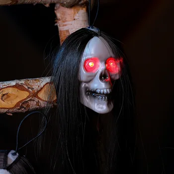 2023 Lógó koponya Szellemkoponya hosszú hajjal Halloween dekoráció Izzó szemek Horror kellékek otthoni Halloween dekorációhoz