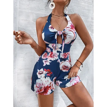 2023 Nyári elegáns mintás szexi üreges Halter ujjatlan rövidnadrág jumpsuit Casual Beach Boho stílusú utcai ruházat
