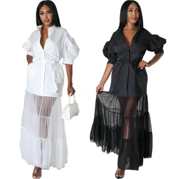 2023 Nyári elegáns patchwork ruhák Női Party Club köntös Fekete fehér hálós ing Maxi ruha S-2XL afrikai női ruhák