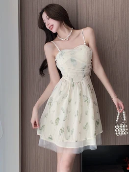 2023 Sifonszexi mini szögletes galléros ruha női spagetti pántok virágos vékony női ruhák nyári magas derékú party club ruha