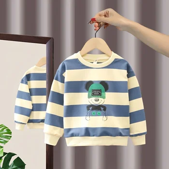 2023 Új baba hosszú ujjú póló fiúknak Tavaszi és őszi csíkos pulóver gyerekeknek tiszta pamut felső, közepes és fiatal