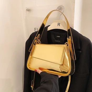 2023 Új divatos fényes táskák nőknek Y2K arany táska négyzet alakú kézitáskák Egyszínű fejlett hónalj táska Édes hűvös crossbody táskák