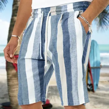2023 Új férfi alkalmi divat műlen csíkos rövidnadrág vászon egyszínű rövid nadrág férfi nyári strand lélegző len rövidnadrág