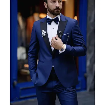 2023 Új férfi esküvő Navy Blue Chic csúcsos hajtókás öltönyök Üzleti alkalmi formális jelmez Homme Slim Fit 2 db szett kabát nadrág