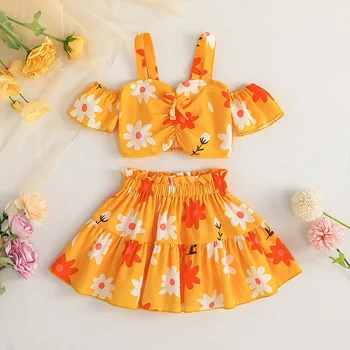 2023 Új nyári gyermekruha szettek rövid ujjú fodrok nyomat virágsárga aranyos 2 részes készletek designer lány ruha szettek 4-7T