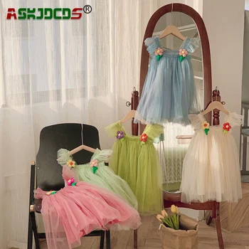 2023 Új nyáron Aranyos hercegnő ruházat puffadt ruha Gyerekek Kislányok 3D Virág Légyujj Háló Többszintű ruhák Gyerekek