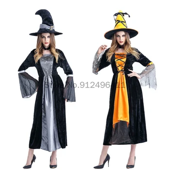 2023 Új női Halloween boszorkány szerep cosplay csipke ujjak szexi boszorkány jelmez díszes partiruha boszorkány kalap + ruha öltöny