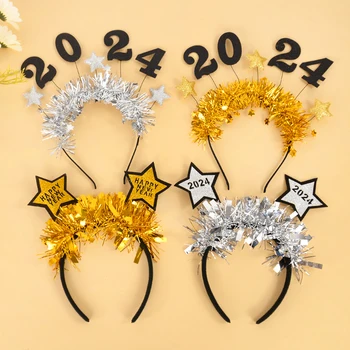 2024 Boldog új évet Arany ezüst csillogó csillag hajkarika dekoráció Karácsonyi újévi party fotó Prop Hair kiegészítők