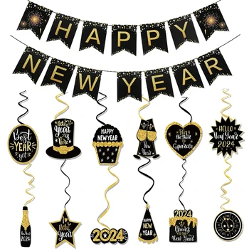 2024 Boldog új évet függő örvények dekoráció csillogó fekete arany zászló Szilveszteri parti kellékek Boldog új évet dekorációk