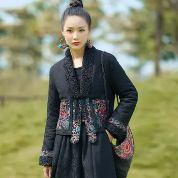 2024 Kínai vintage pamutvászon vastagabb kabát nemzeti virághímzés Hanfu felsők Oriental tang öltöny pamuttal párnázott kabát