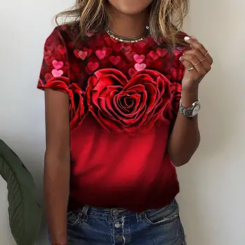 2024 Új 4 színű XXS-6XL Love Valentin-napi rózsa 3D virágmintás női 0-nyakú póló női felsőhöz