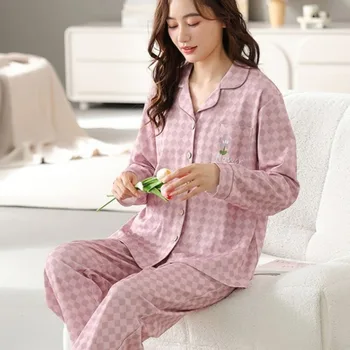 2024 Új pizsama női tavaszi őszi társalgóruha hosszú ujjú pamut hálóruha rácsos egyszerűség hálóruha plusz méretű otthoni öltöny