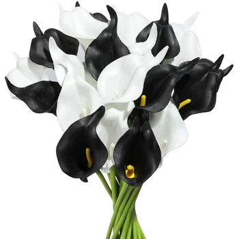 20Pcs Calla Lily menyasszonyi esküvői csokor PU művirágok elrendezése otthoni irodai parti dekorációhoz (fekete-fehér)