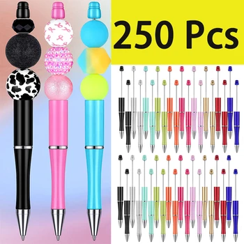 250Pcs gyöngyözhető tollak gyöngy tollak gyöngyök toll DIY készítése többszínű golyóstoll fekete tinta nőknek Gyerekek Diákok Irodai Iskola