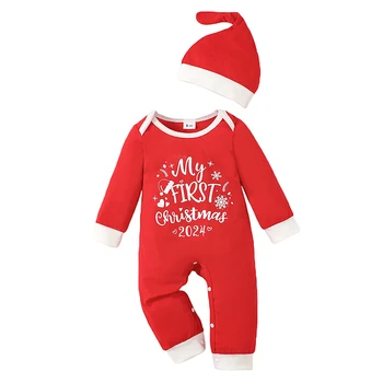2db Baby Christmas Romper ruhák Hosszú ujjú, kerek nyakú levélnyomtatás Jumpsuit kalapkészlettel Csecsemő őszi ruhák