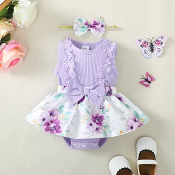 2PCS Csecsemő kislány ruha alkalmi virágmintás ujjatlan jumpsuit fodros szegéllyel és masnival &aranyos fejfedő készlet lány nyárra