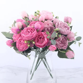 30cm Rózsa rózsaszín selyem bazsarózsa művirág csokor 5 nagy fej és 4 rügy Olcsó hamis virágok otthoni esküvői dekorációhoz