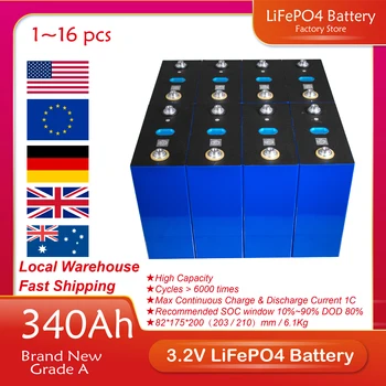 4/8/16/32/48PCS LiFePO4 akkumulátor 340Ah 3.2V mély ciklusú újratölthető Batteri Pack napelemes rendszer 12V 24V 48V RV Golf kocsihoz
