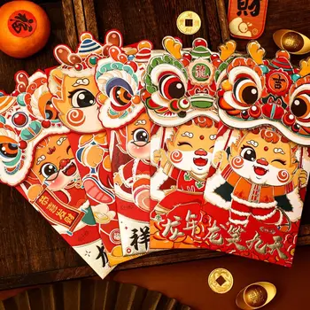 4db/set Kínai stílusú ébredő oroszlán piros csomag táska aranyos 3D újévi boríték táska rajzfilm zodiákus sárkány piros zseb újév