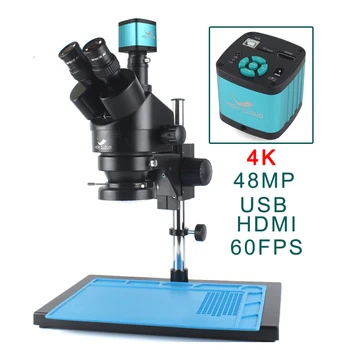 4K 48MP HDMI USB VGA mikroszkóp kamera 7X-45X szimultán fókuszú sztereó trinokuláris zoom mikroszkóp szett kiegészítő objektívvel