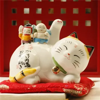 5,3 hüvelykes Japán szerencsés macska kerámia Maneki Neko dísz Fortune macska pénzes doboz Lakberendezés Aranyos cica érmebank